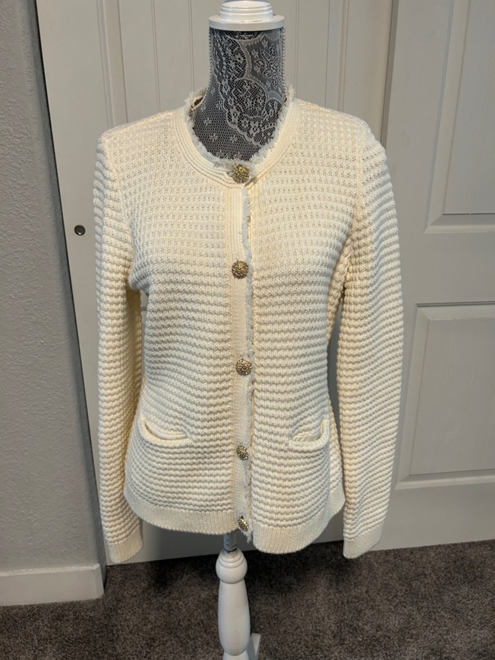 Express Cream Knit Button-Front Cardigan with Gold Buttons S